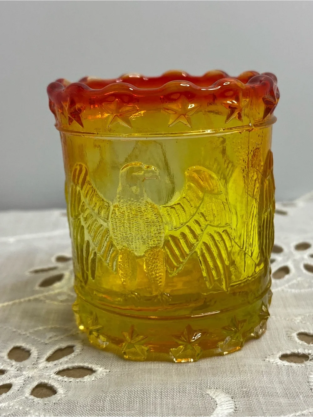 Vintage Kanawha Amberina Glass Toothpick Holder Eagle and Stars Patriotic Design